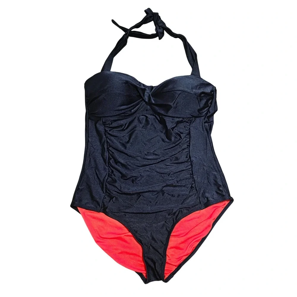 Marilyn Monroe bathing suit black red underline high thigh halter necktie 1X